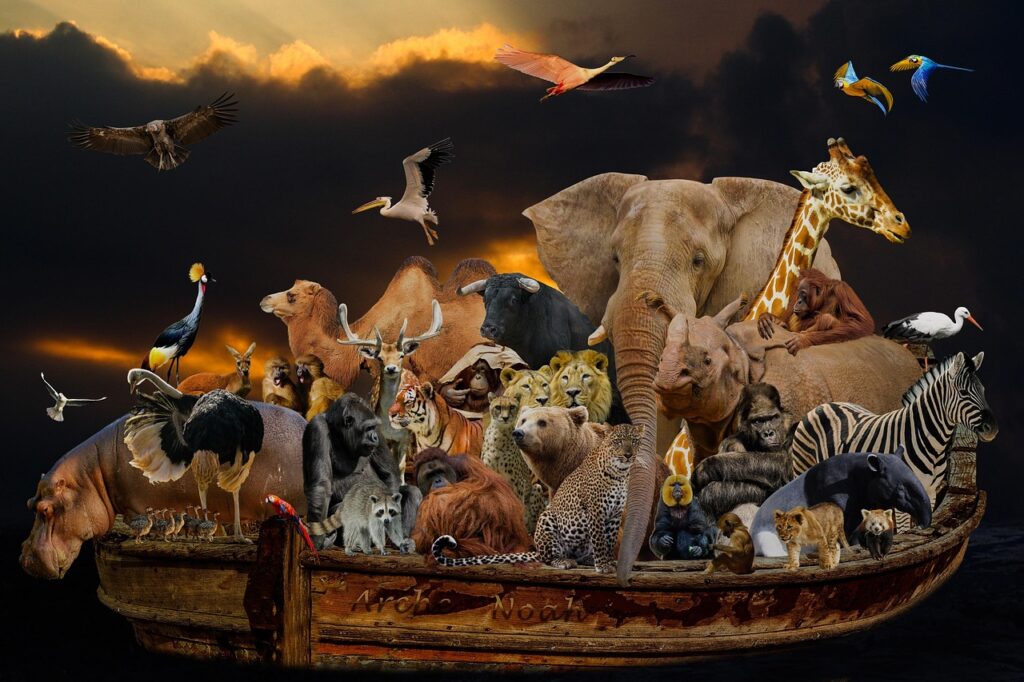 animals, religion, noah's ark, flood, boat, rescue, elephant, giraffe, zebra, nature, lion, tiger, hippo, africa, ape, gorilla